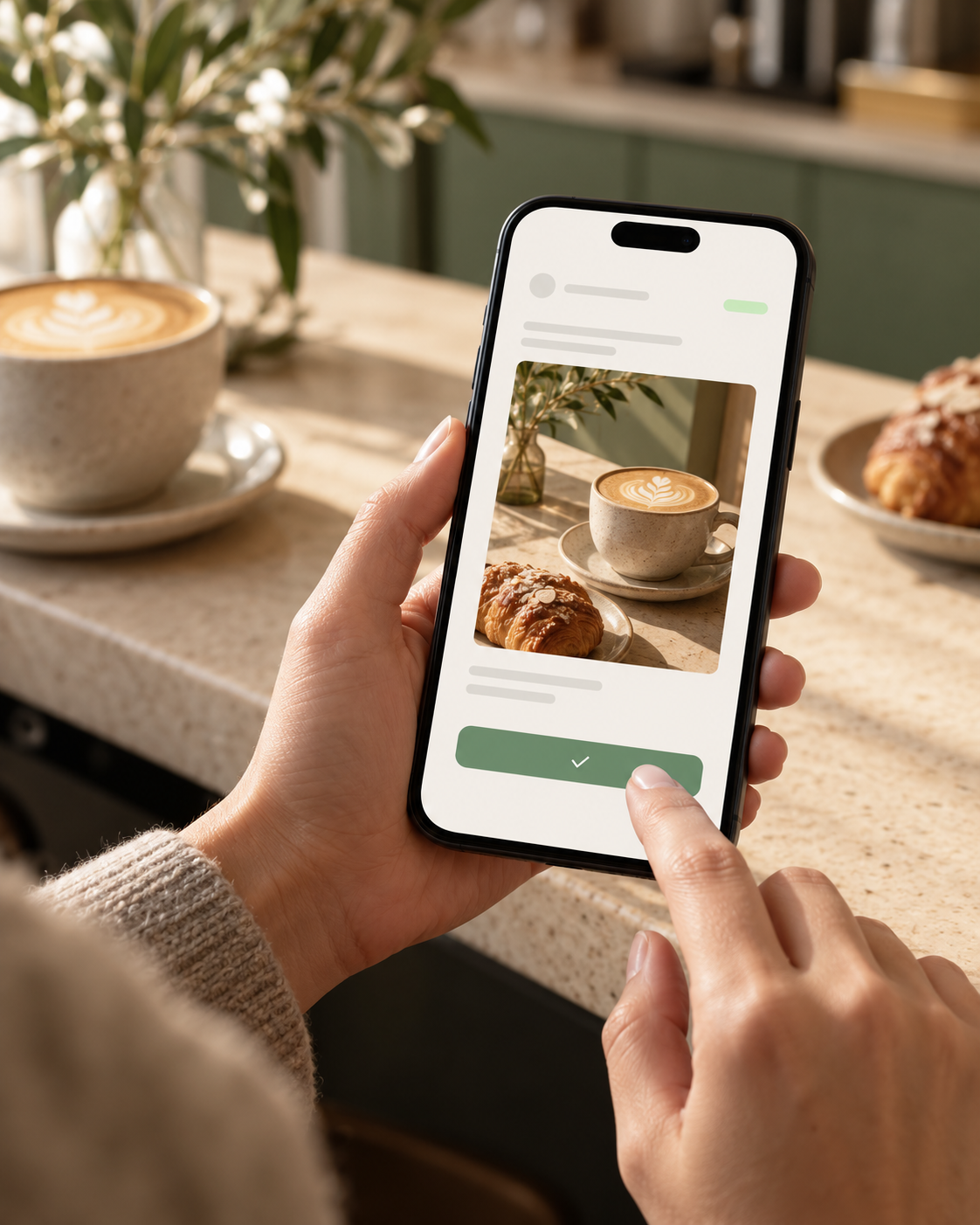 Illustrative phone showing a café social post, held beside coffee and pastries.